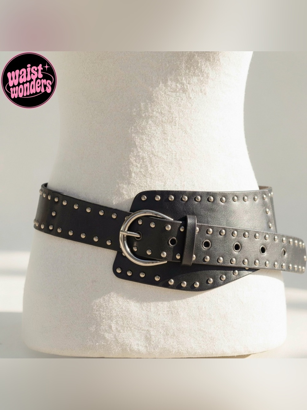 Y2K 2000s style Black leather studded belt with silver accents